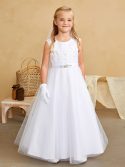 A Line First Communion Dress with Lace Bodice and Crystal Accent