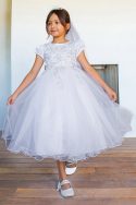 First Communion Dress with Cap Sleeves and 3D Lace