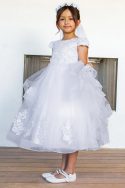 First Communion Dress with Cap Sleeves and 3D Lace on Skirt