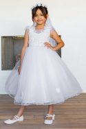 First Communion Dress with Shiny Crystal Tulle Cap Sleeves