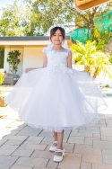 First Communion Dress Cap Sleeves With Flower on Shoulder