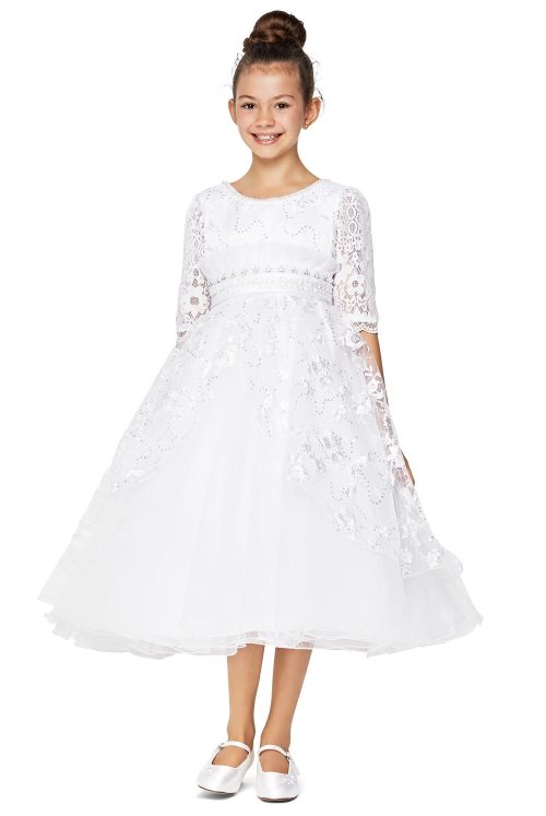 White First Communion Dress with 3/4" Sleeves Decorated with Beads