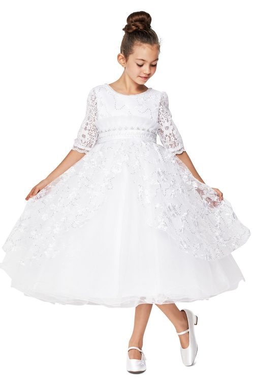 First Communion Dress with 3/4" Sleeves Decorated with Beads