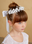 First Communion Floral Crown Wreath Headpiece with Satin Bow