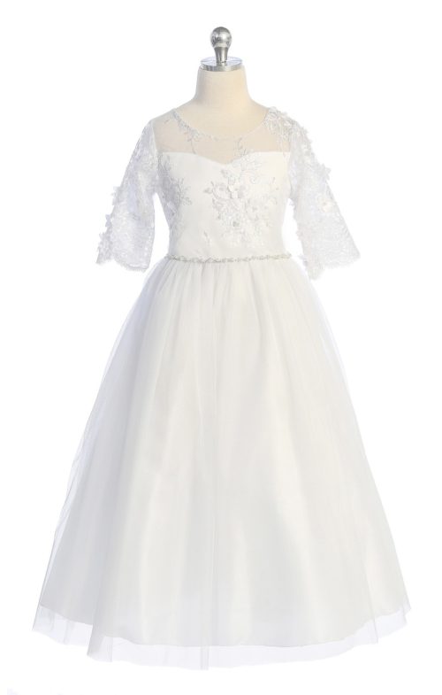 Flower and Pearl Lace Illusion First Communion Dress