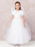 First Communion Dress Long Length Lace bodice with a illusion neckline