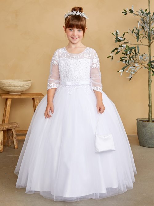 First Communion Gown With Lace bodice 3/4″ Sleeves and Bow