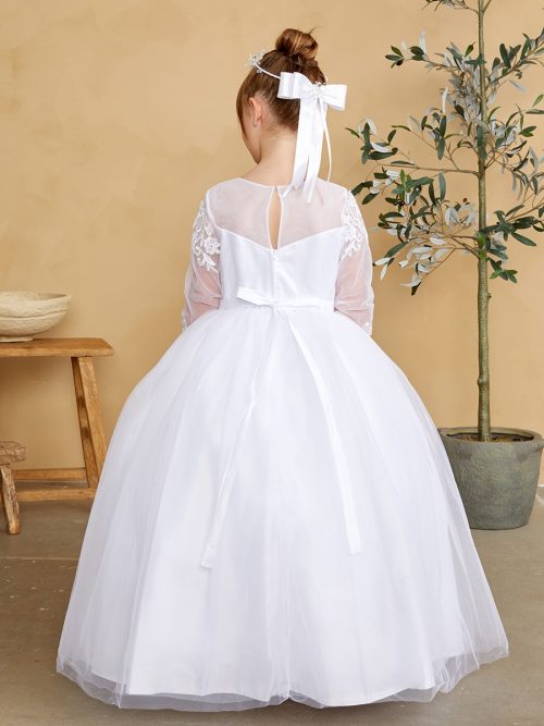 First Communion Gown With Lace Sleeves and Bow