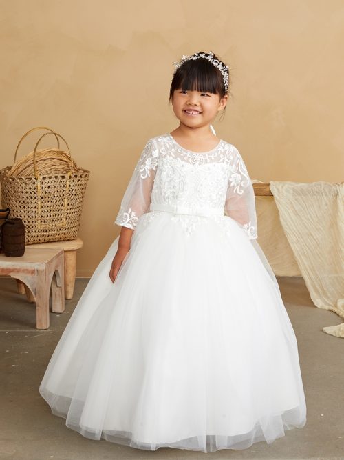 First Communion Gown With Lace bodice 3/4″ Sleeves and Bow for Girls