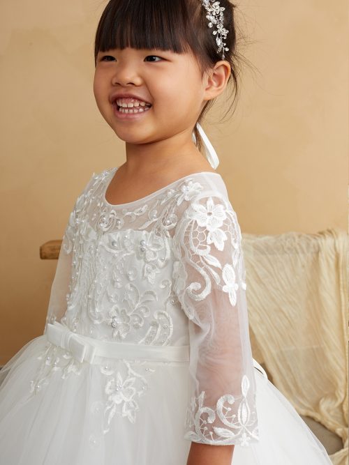 First Communion Gown With Lace bodice Long Sleeves and Bow