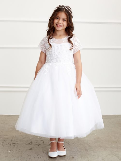 Floral Lace Applique Short Sleeved First Communion Dress