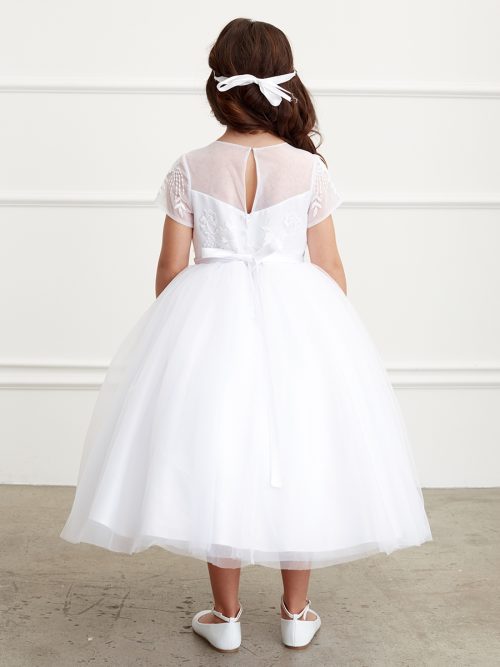 Floral Lace Applique Short Sleeved First Communion Dress for Girls