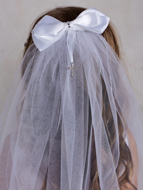 First Communion Veil with Satin Bow with Dangling Cross