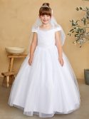 Off-shoulder bodice First Communion Dress with lace applique and sequins