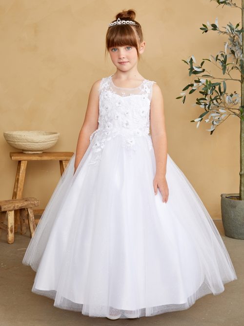 First Communion Gown With Beautiful Illusion Neckline Bodice