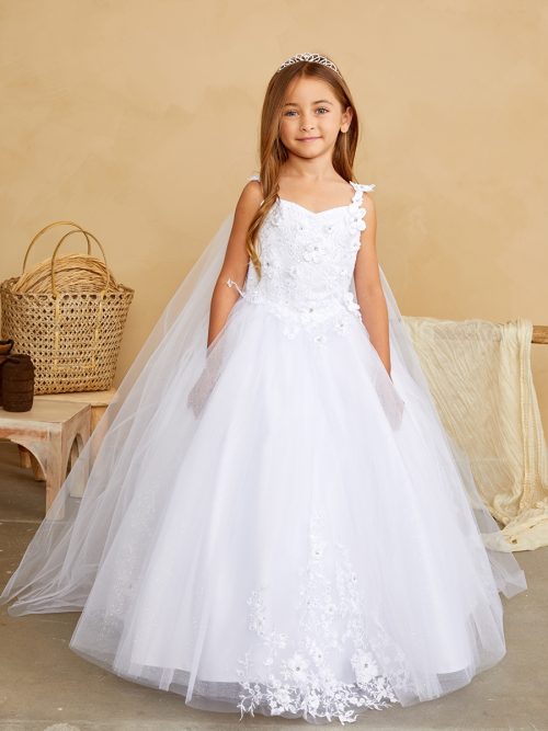 First Communion Gown With 3D Bodice and Detachable Cape