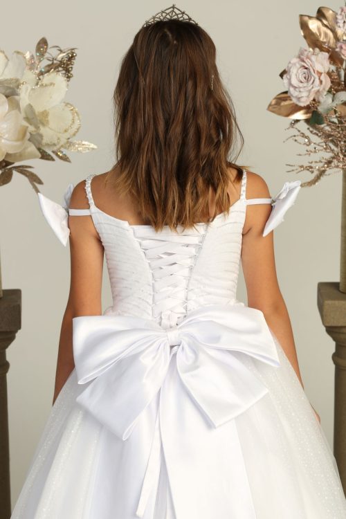 White First Communion Dress with Train Embellished with Small Sequins