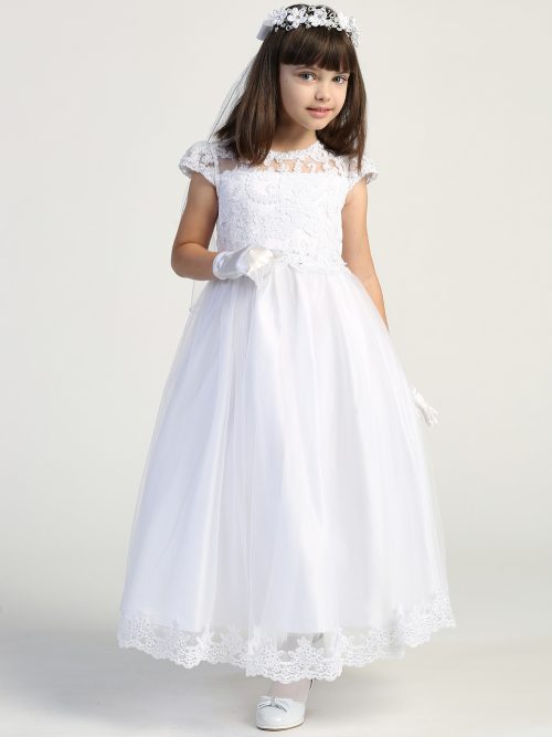 First Communion Dress Embroidered lace Bodice Cap Sleeves