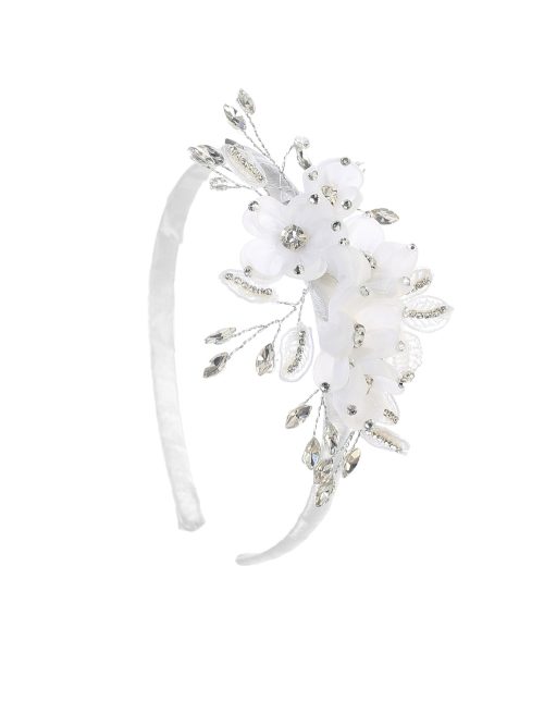 White First Communion Headband with Pearls and Crystal Leaves