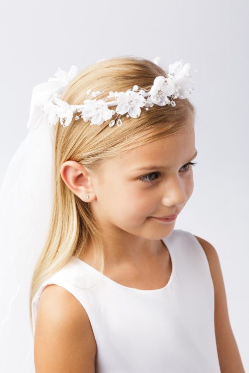 Wreath First Communion Veil Organza Flowers with Crystal Accents and Pearls