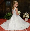 Satin First Communion Gown with Heavy Pearl Beading and Lace Trim size 7