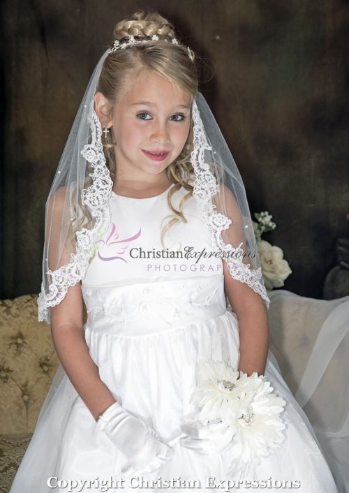 first communion lace mantilla veil with scattered pearls