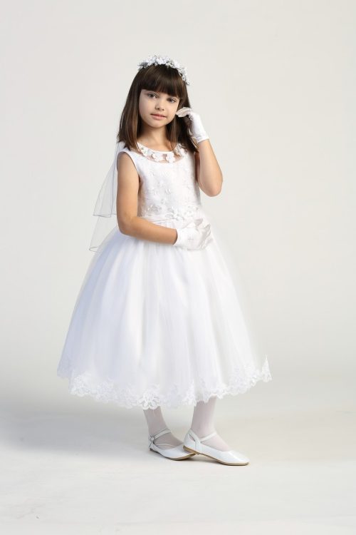 Girls First Communion Dresses with Flower Neckline