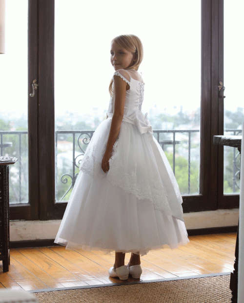 Modern First Communion Dress with Sleeves with illusion neckline