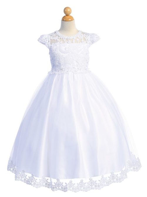 Stylish First Communion Dress Embroidered lace Bodice Cap Sleeves