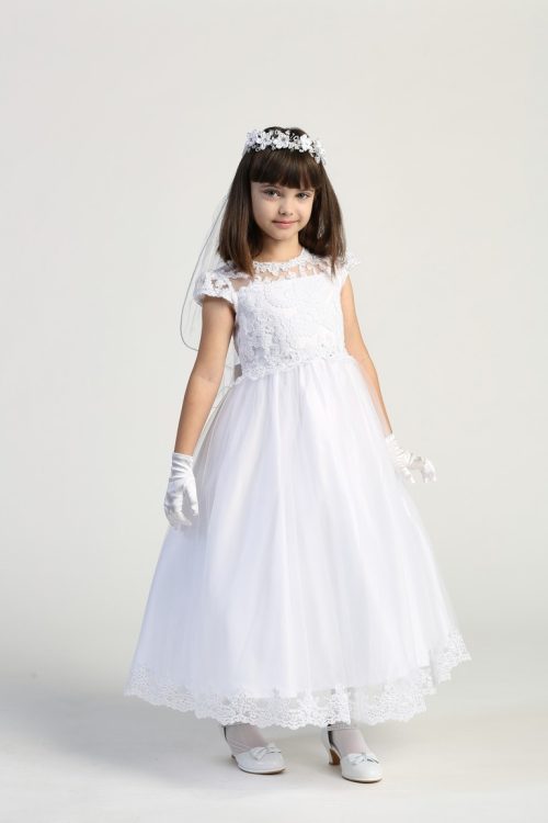 Pretty First Communion Dress Embroidered lace Bodice Cap Sleeves