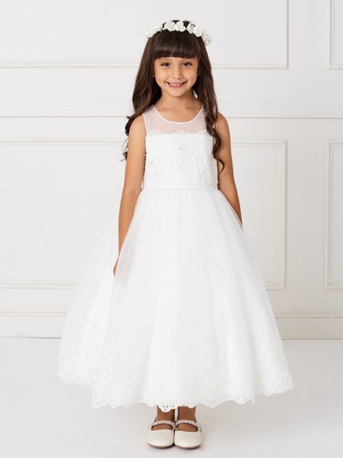 Ankle Length Holy Communion Dress Illusion neckline with lace hem