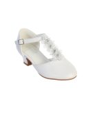 Girl’s white First Communion shoes with T Strap and flowers and heel