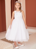 First Communion Dress illusion neckline Scalloped Lace Hem