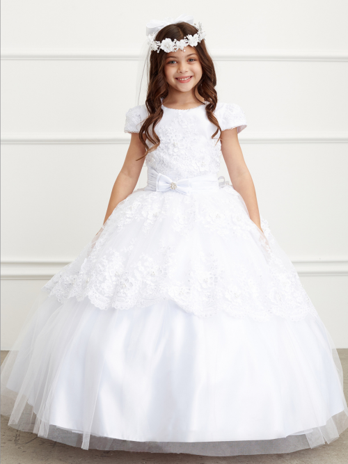 First Communion Dress Pleated satin sash with a bow accent