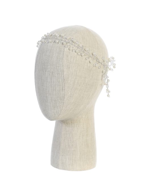 Pretty Rhinestone and Pearl Wire First Communion Headpiece with Satin Tie Back