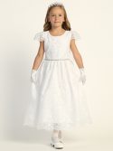 First Communion Dress with Embroidered Overlay Lace Cap Sleeves