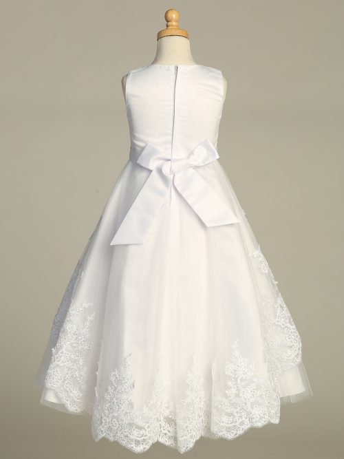 Satin A Line First Communion Dresses with Embroidered Overlay