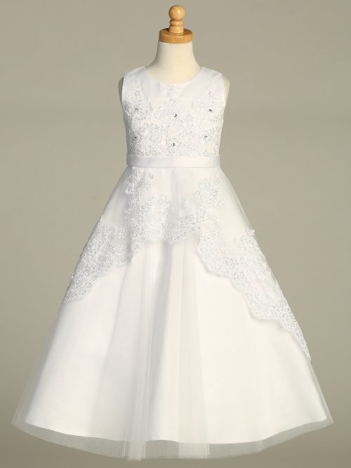 Satin A Line First Communion Dress with Embroidered Overlay for Girls