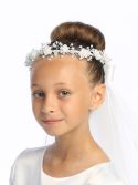 First Communion Veil Corded Flowers with pearl accents for Girls