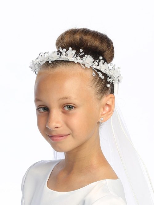 First Communion Veil Crystal & organza flowers with rhinestones for Girls