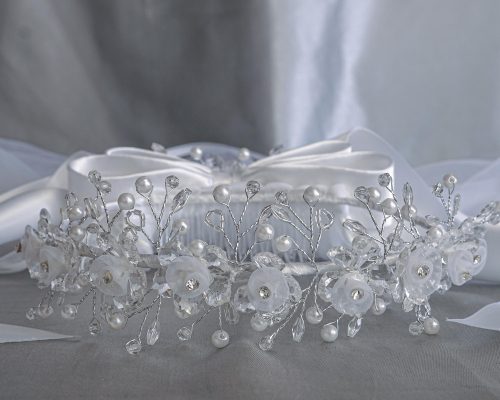 Girls First Communion Veil Crystal & organza flowers with rhinestones