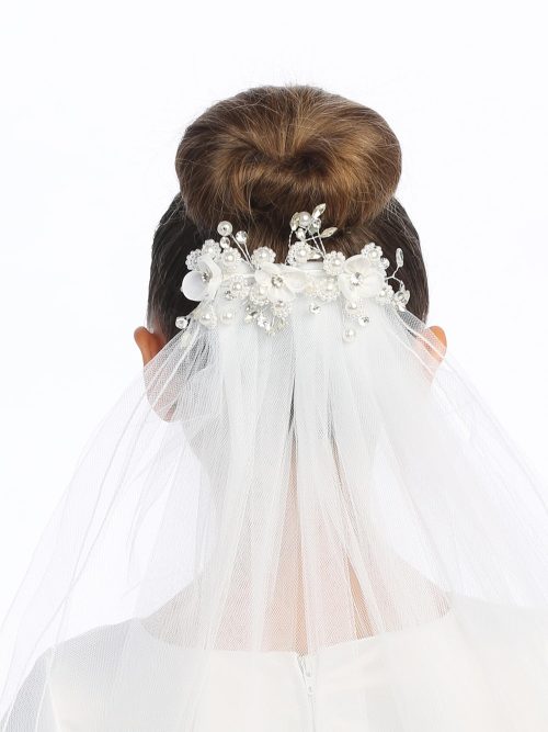 First Communion Comb Veil Organza Flowers and Rhinestones for Girls