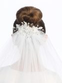 First Communion Comb Veil Organza Flowers Pearls Crystals for Girls