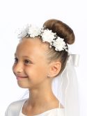 Girls First Communion Veil on Comb Silk Flowers and Rhinestones