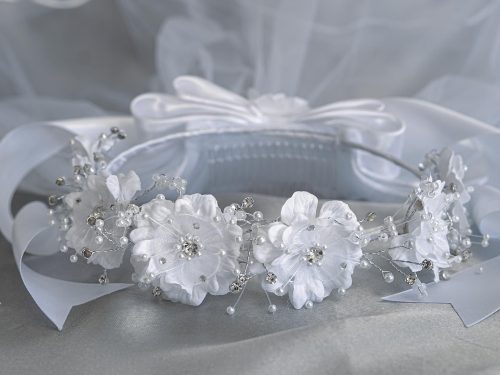 First Communion Veil on Comb Silk Flowers and Rhinestones