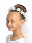 First Communion Veil on Comb Satin Roses and Rhinestones for Girls