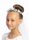 Wreath First Communion Veil Organza Flowers and Rhinestones for Girls