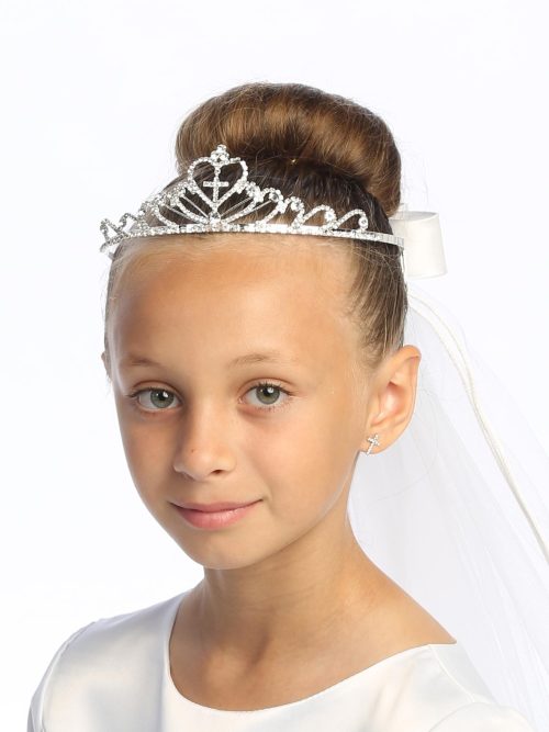 First Communion Rhinestone Tiara with Cross and Veil for Girls