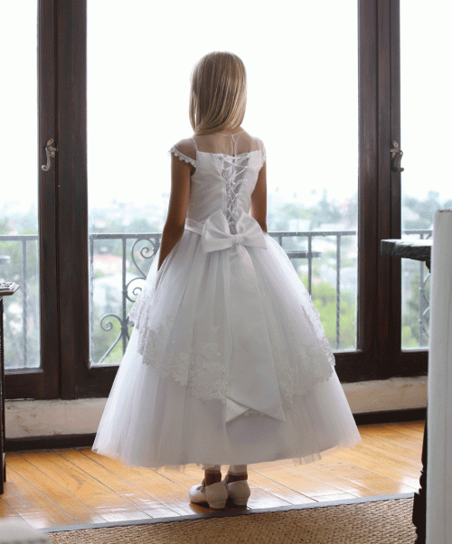 Tea Length First Communion Dress with Sleeves with illusion neckline