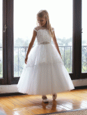 Gorgeous First Communion Dress with Sleeves with illusion neckline